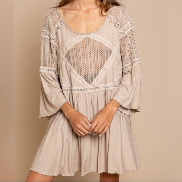 POL Dresses & Skirts - POL Lace Crochet Knit Flare Sleeve Ruffle Hem Mini Dress